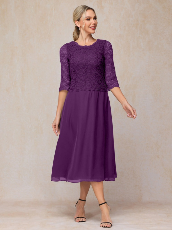 A-Line Tea Length Chiffon Lace Mother Of The  Groom Dress