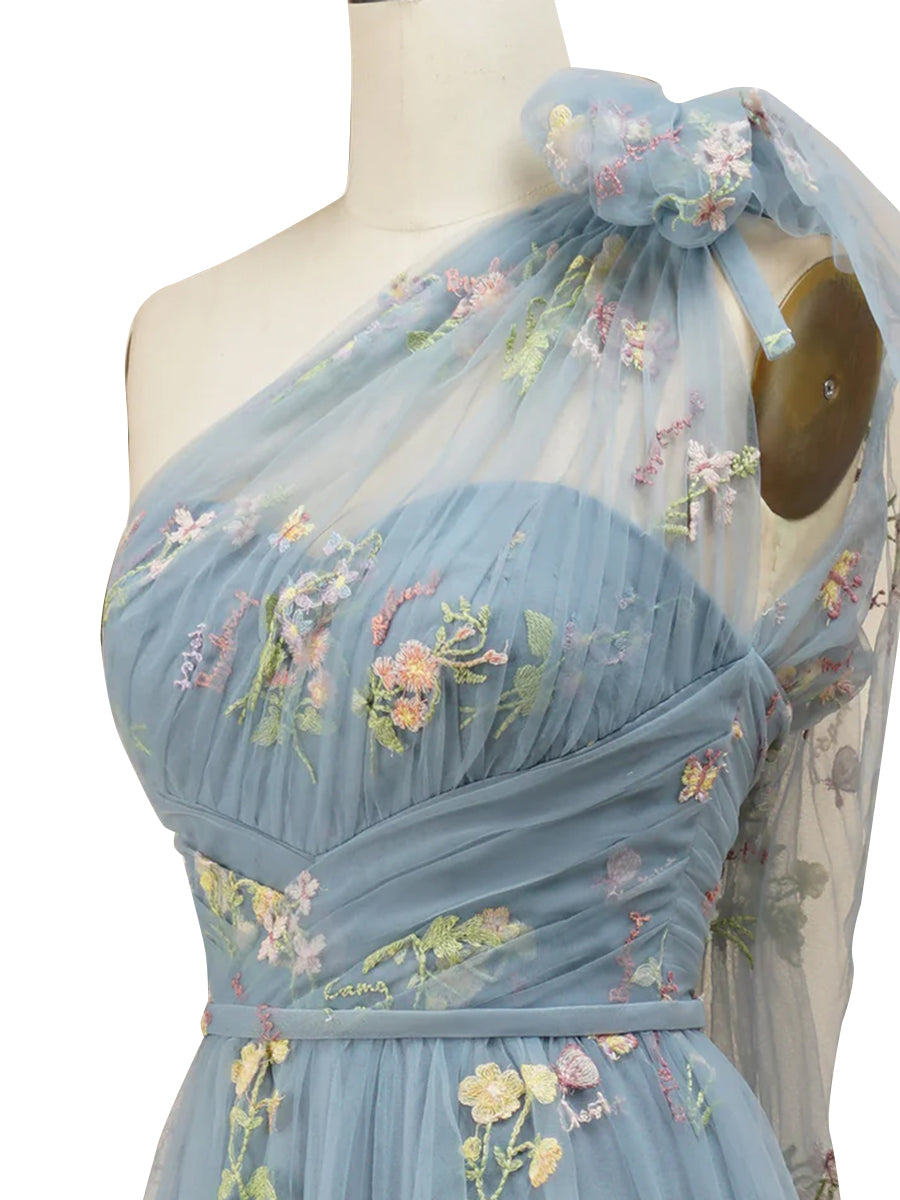 Cicinia Dusty Blue Prom Dresses Long Lace Tulle A-line One Shoulder Sleeveless Floor Length