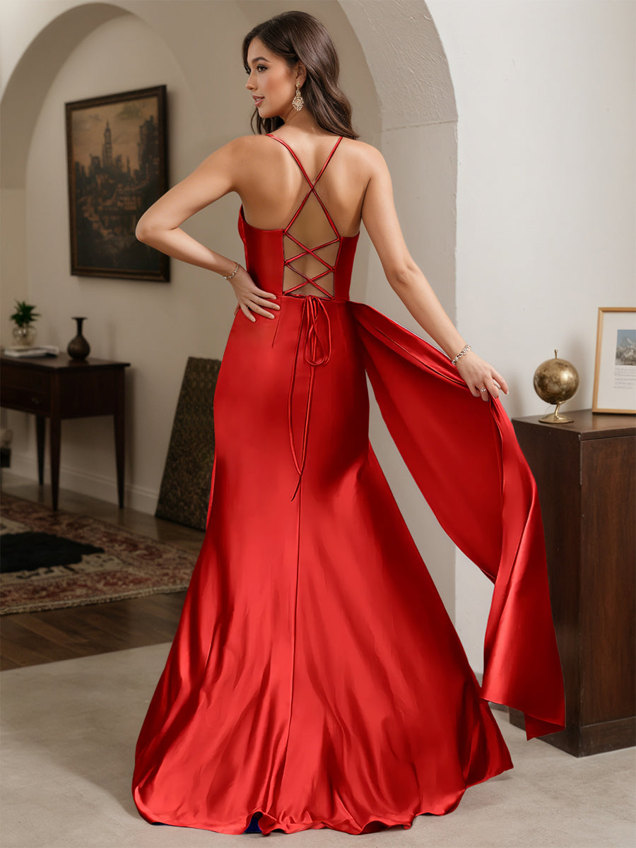 Cicinia Red Prom Dresses Long Spaghetti Straps Sheath Slit Evening Dress With Side Drape