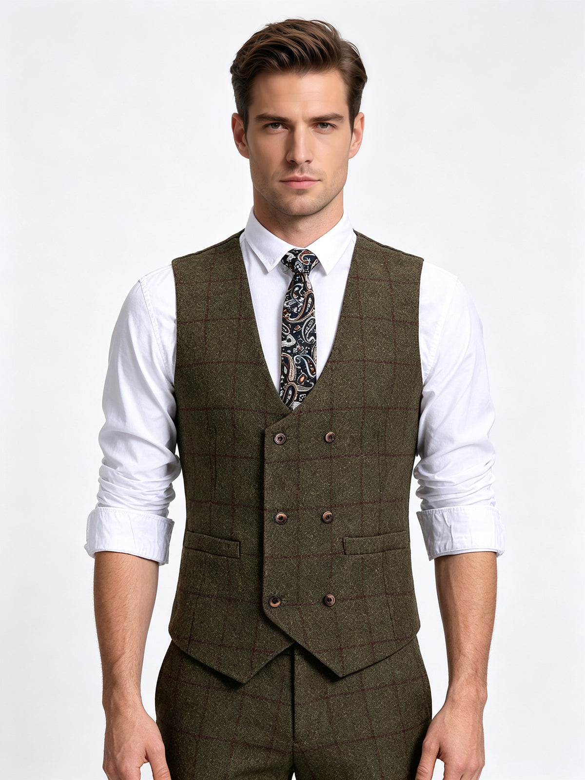 Cicinia Olive Green Men's Suits Windowpane Plaid 3 Piece Notch Lapel Suit Wool Blend Slim Fit Jacket Vest Trousers
