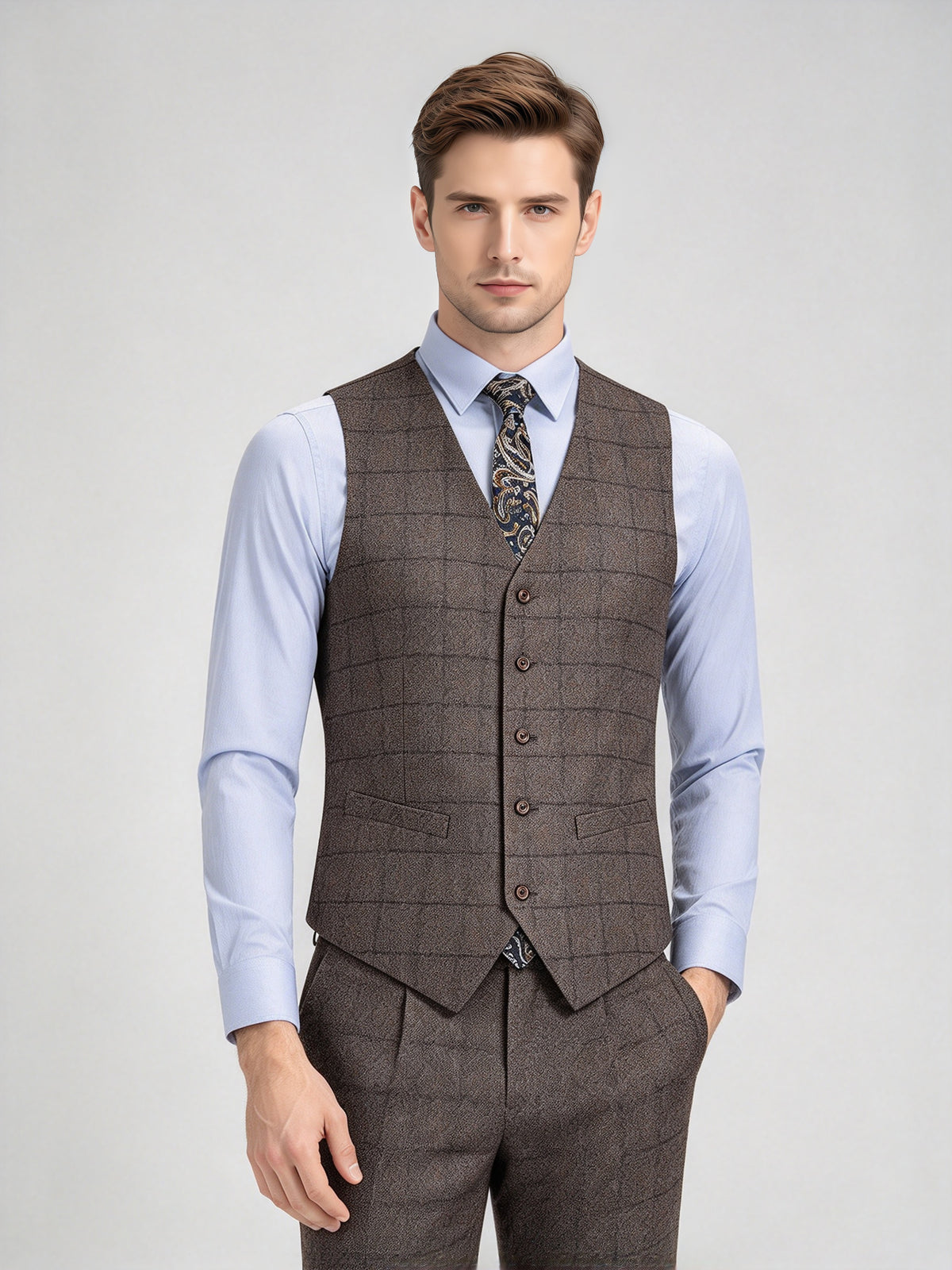 Cicinia Single Breasted Windowpane Plaid 3 Pieces Notch Lapel Slim Fit Coffee Men's Suits