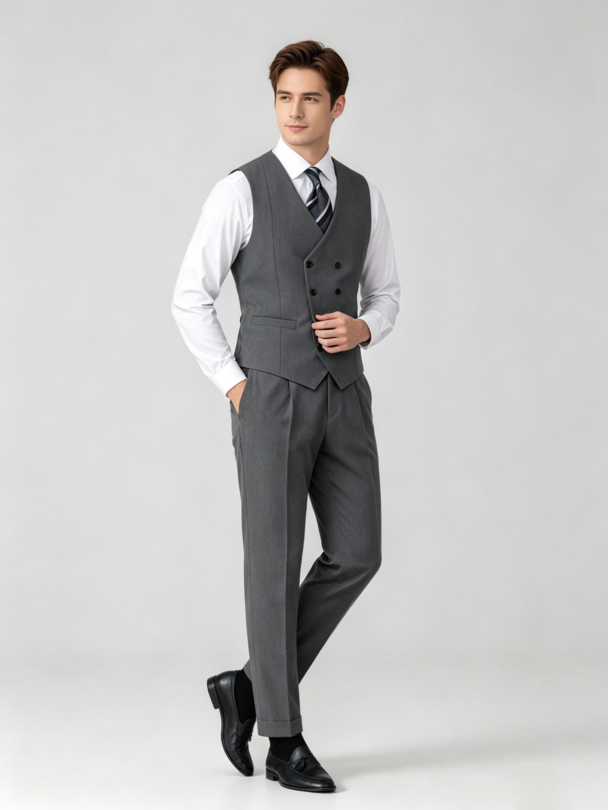 Cicinia 3 Pieces Suit Peak Lapel Double Breasted Waistcoat Solid Fabric Cuffed Trousers Steel Grey Men's Suits