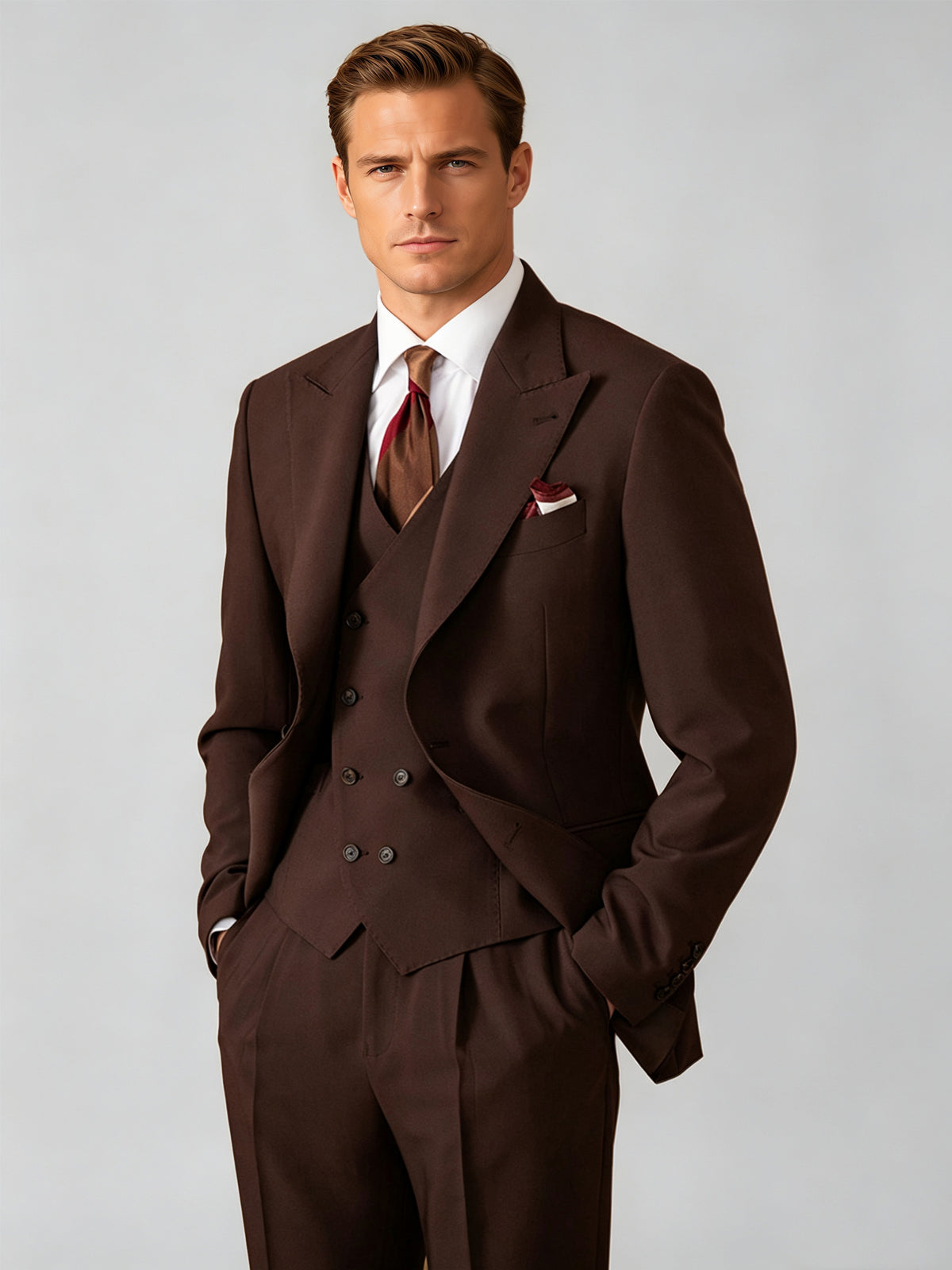 Cicinia Men's Suits Vintage Coffee 3 Pieces Suit Peak Lapel Wedding Suit