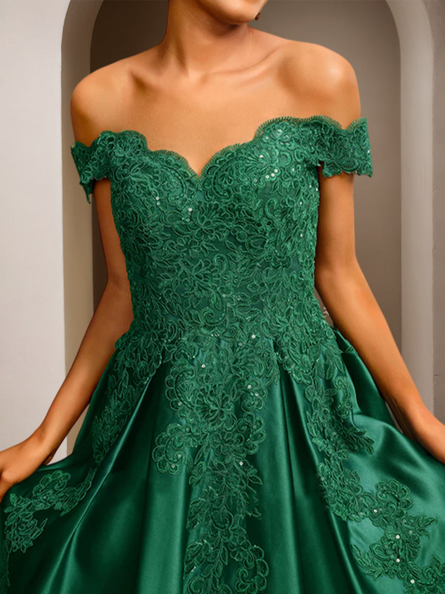 Cicinia Dark Green Prom Dresses Long Satin Appliques Lace A-line Off The Shoulder Floor Length Gowns