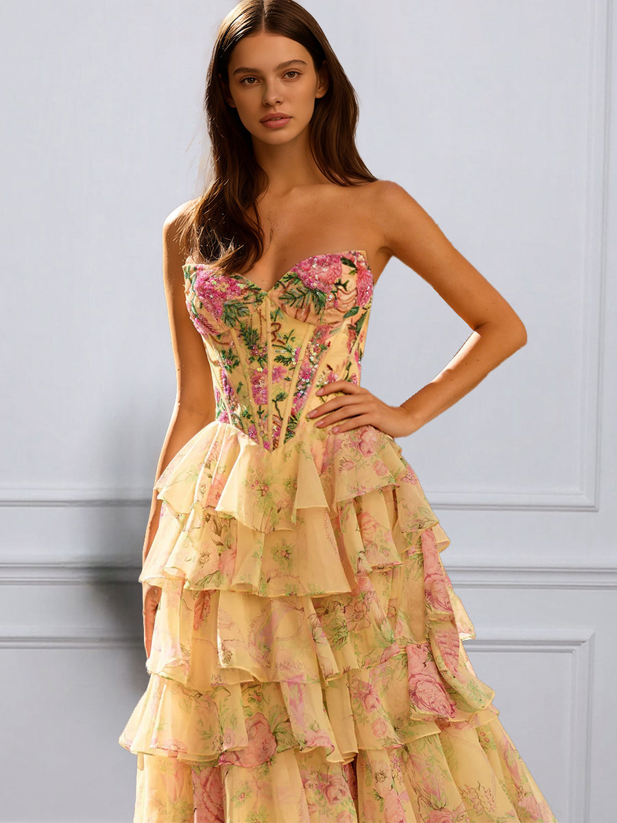 Cicinia Yellow Prom Dresses Long Printed Fabric A-line Layered Slit Strapless