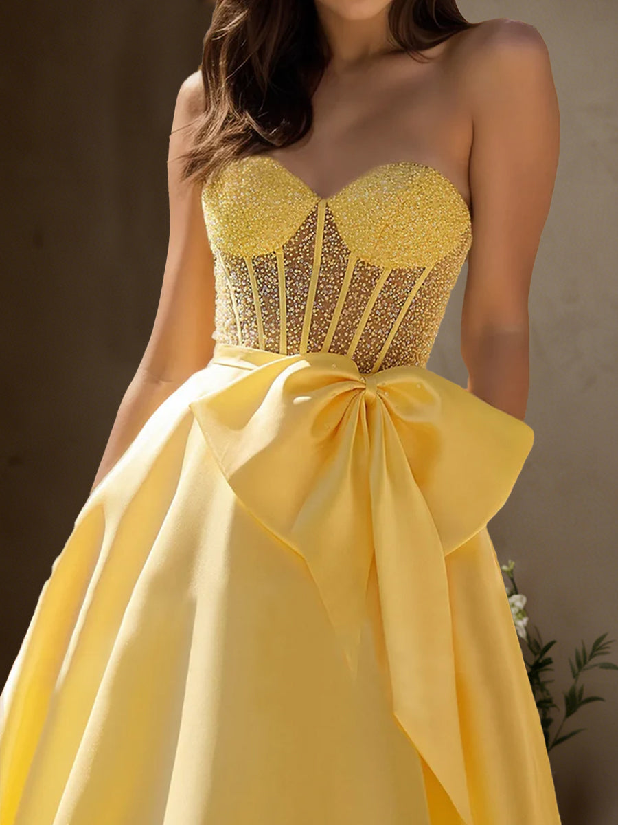 Cicinia Yellow Prom Dresses Long Satin A-line Floor Length Beaded Sweetheart Gowns With Bowknot