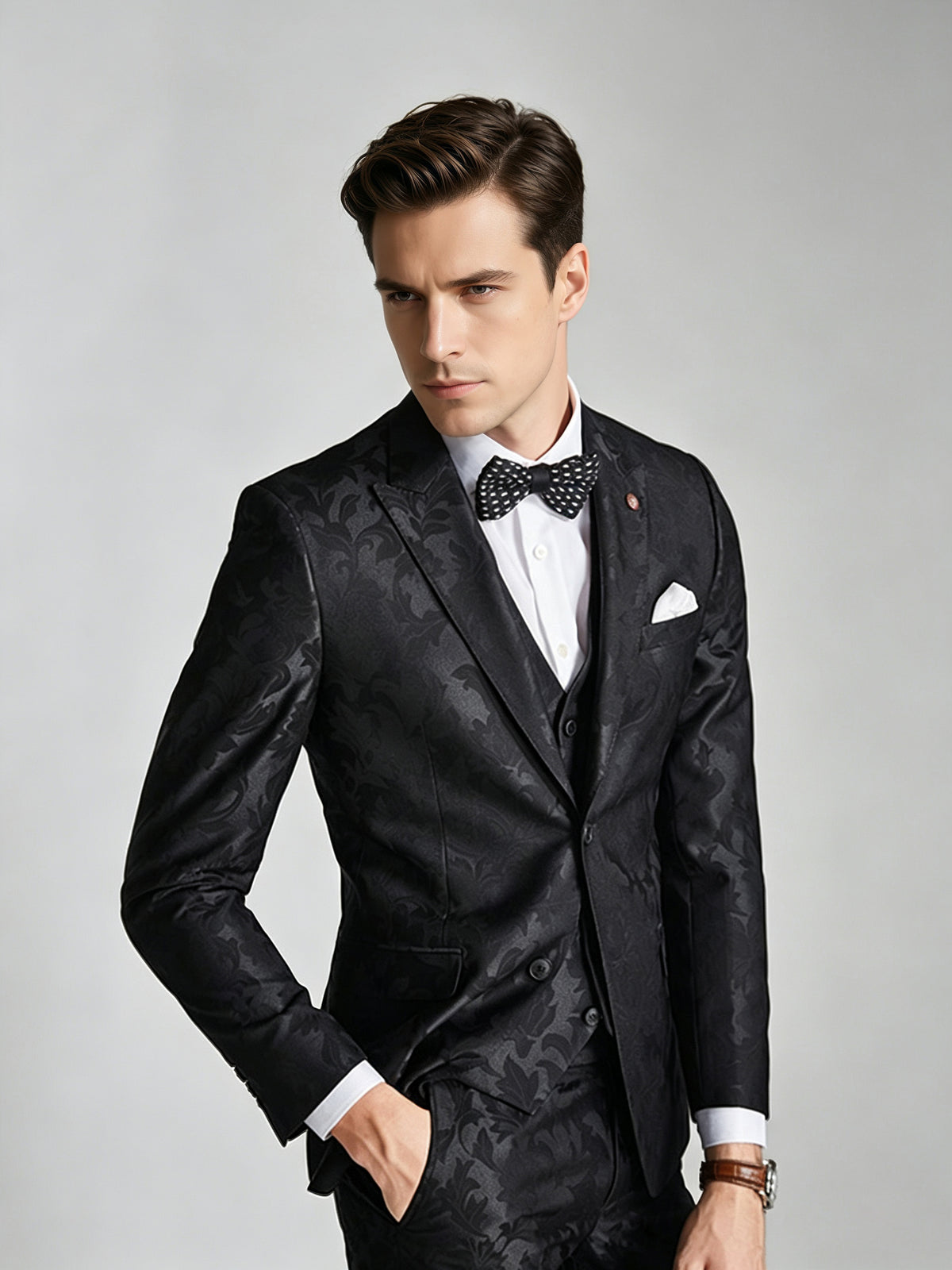Cicinia Black Men's Suits Floral Jacquard 3 Pieces Suit Notch Lapel Slim Fit Jacket Vest Trousers