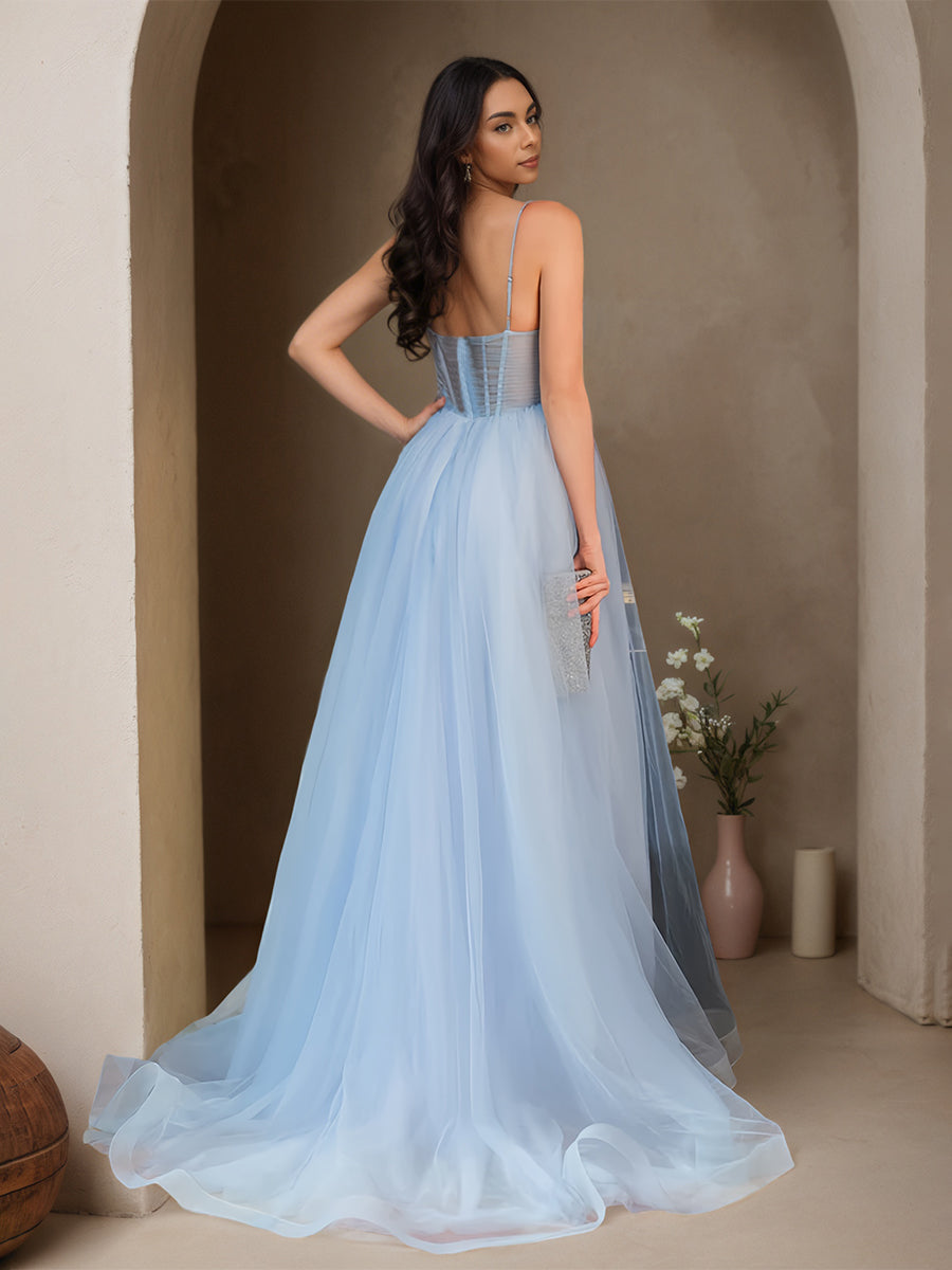 Cicinia Sky Blue Prom Dresses Long Tulle A-line Spaghetti Straps Fairy Dress
