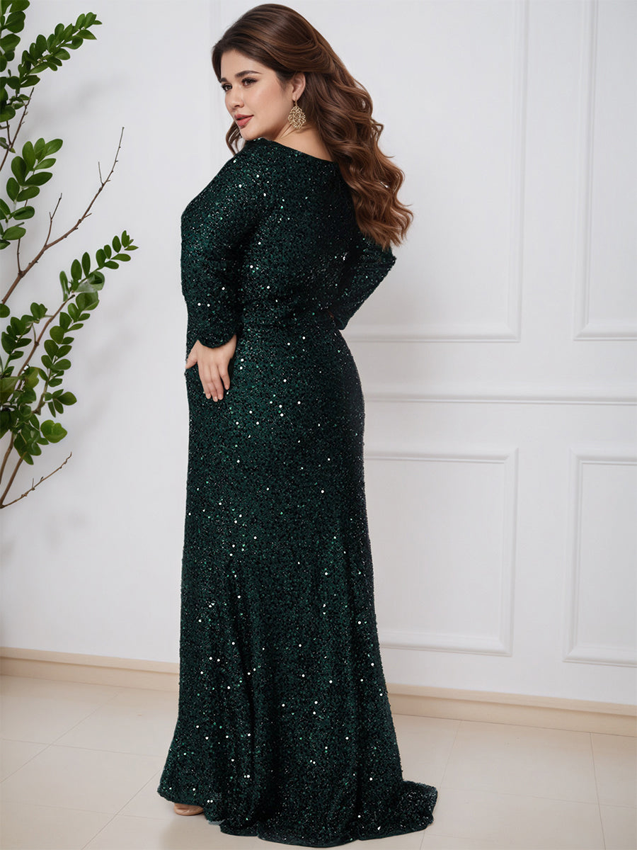 Glitter Long Sleeves Dark Green Sheath Split Plus Size Prom Dress