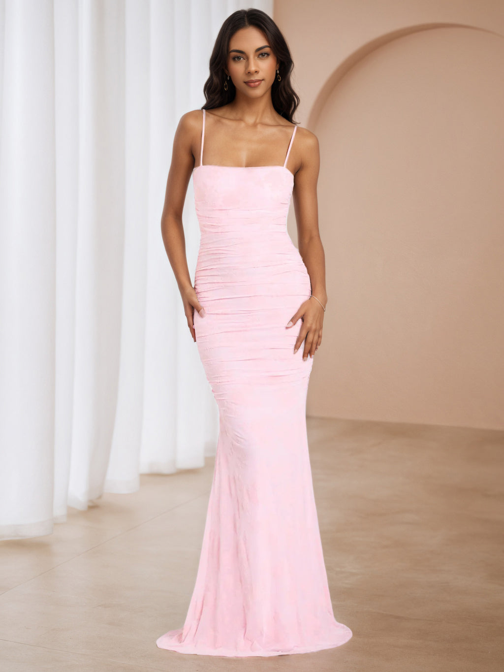 Blushing Pink Spaghetti Straps Trumpet/Mermaid Wedding Guest Dress
