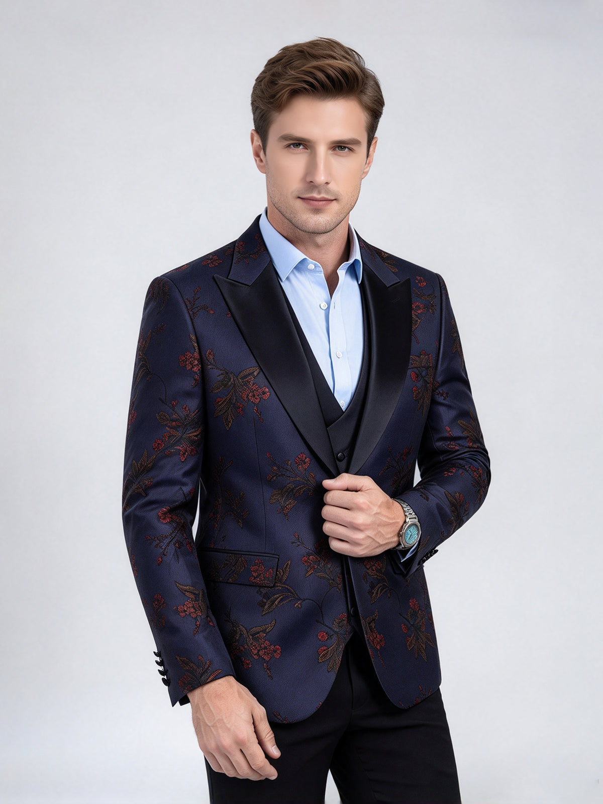 Cicinia Peak Lapel Floral Jacquard Jacket Matching Vest Straight Black Trousers 3 Pieces Navy Blue Men's Suits