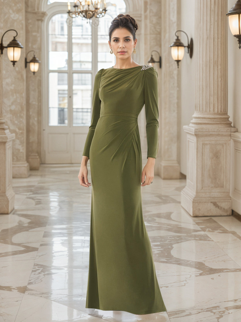 olive green long dress for wedding Olive Green Mother of Bride Dresses Sheath Embellished Shoulder Long S