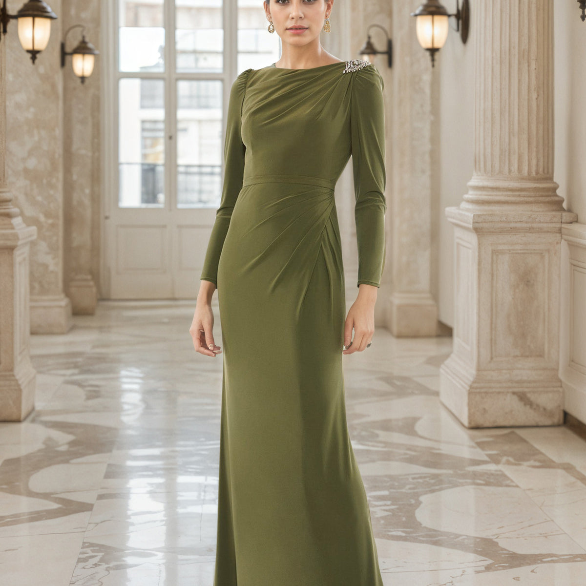 olive green mother of the bride dress Cicinia Plus Size Long V-neck Lace Chiffon Ankle Length 3/4 Length Sleeves wedding party dresses and gowns for evening party Green Mother of the Bride