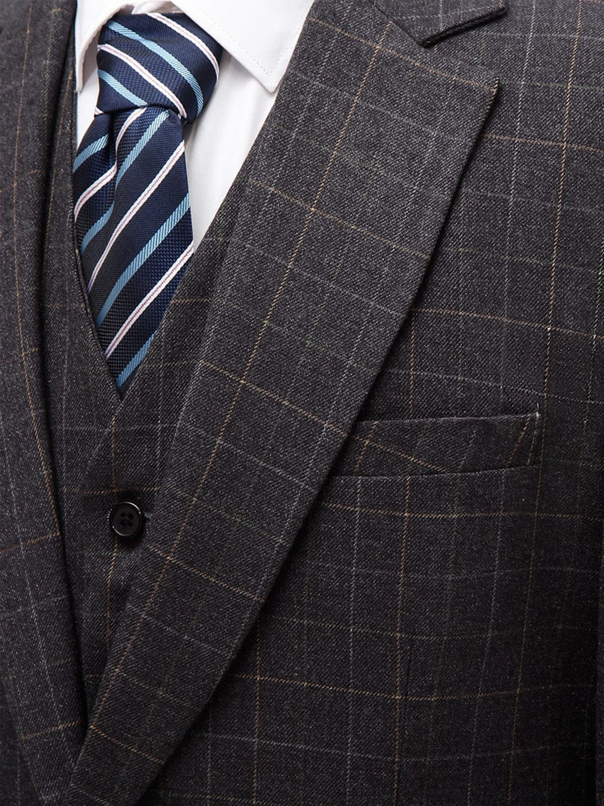 Cicinia Windowpane Plaid Suit Notch Lapel Single Breasted 3 Pieces Black Men's Suits
