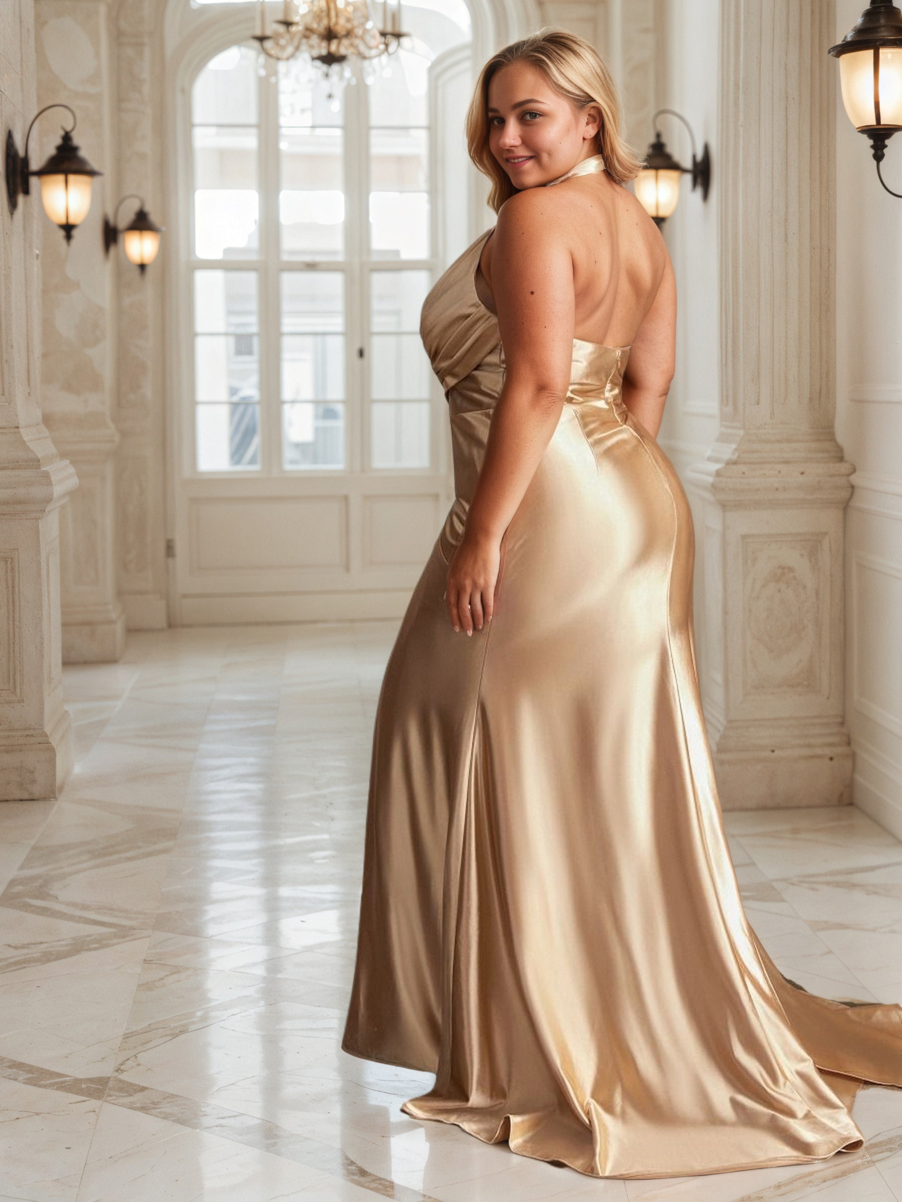 Gold Backless V-neck Halter Long Plus Size Prom Dress