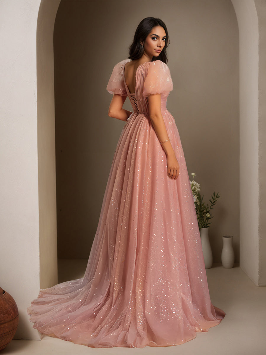 Cicinia Dusty Rose Prom Dresses Long Glitter Tulle A-line Puffed Sleeves Princess Dress