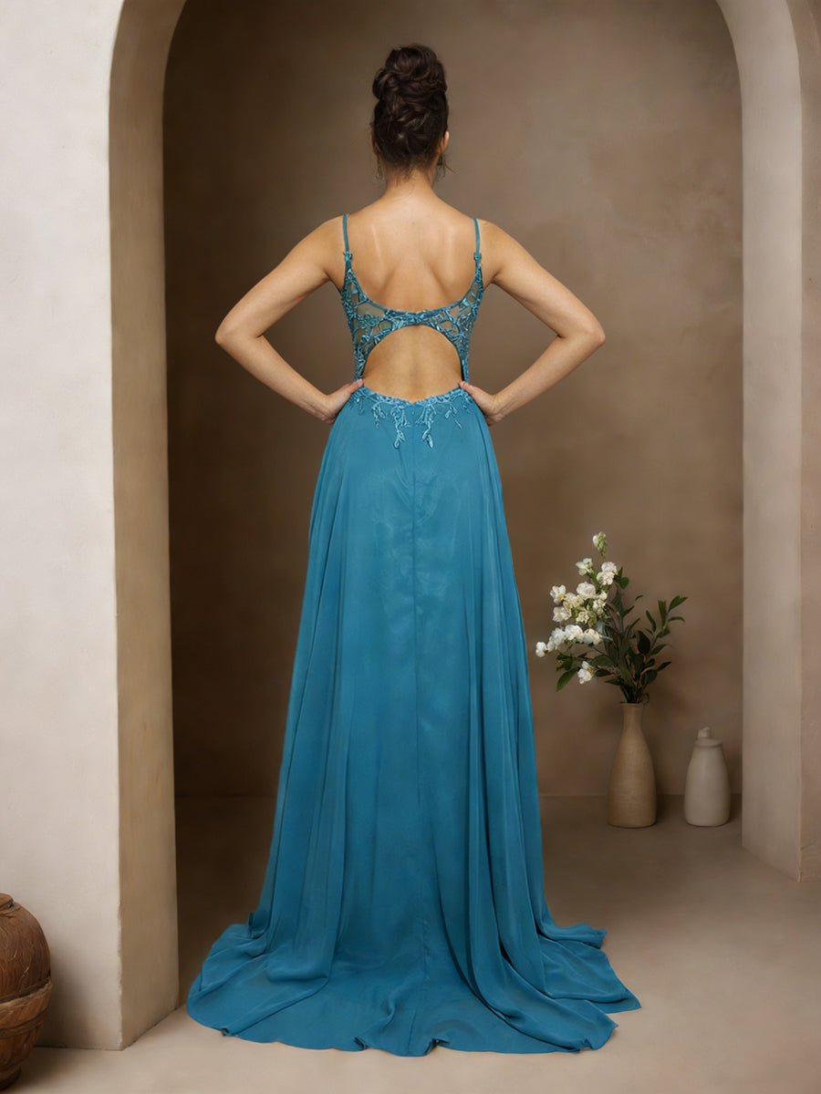 Cicinia Ink Blue Prom Dresses Long Chiffon A-line Appliques Lace Sweep Train Party Dress