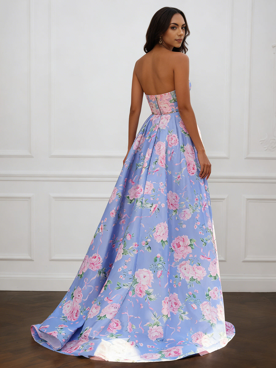 Cicinia Blue Prom Dresses Long Printed Fabric A-line Slit Strapless Party Gown Sweep Train