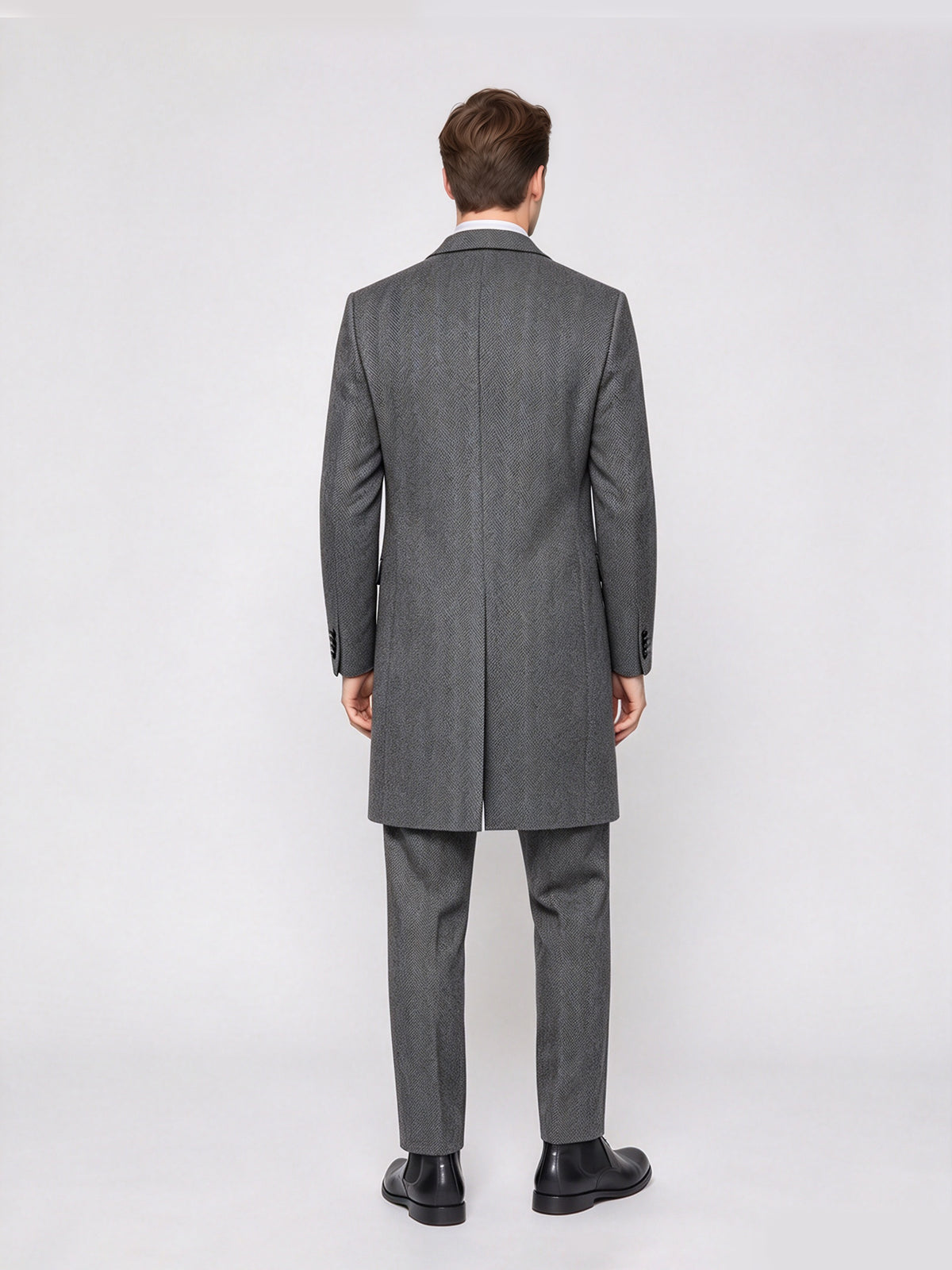 Cicinia Peak Lapel Long Overcoat Tailored Fit Herringbone 3 Pieces Double Breasted Grey Men's Suits