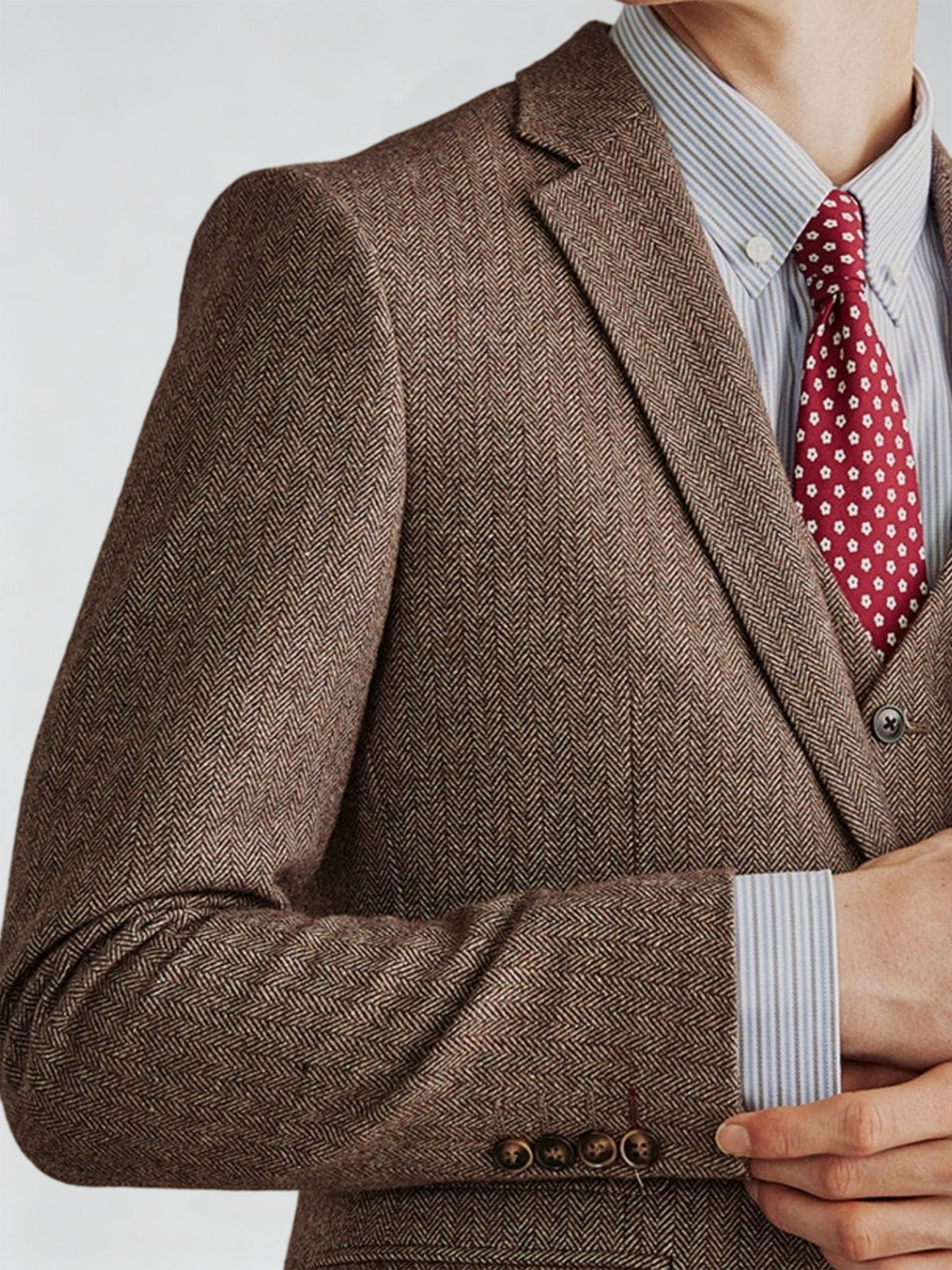 Cicinia Men's Suits Brown Herringbone Tweed 3 Pieces Suit Notch Lapel Vintage Jacket Vest Cuffed Trousers