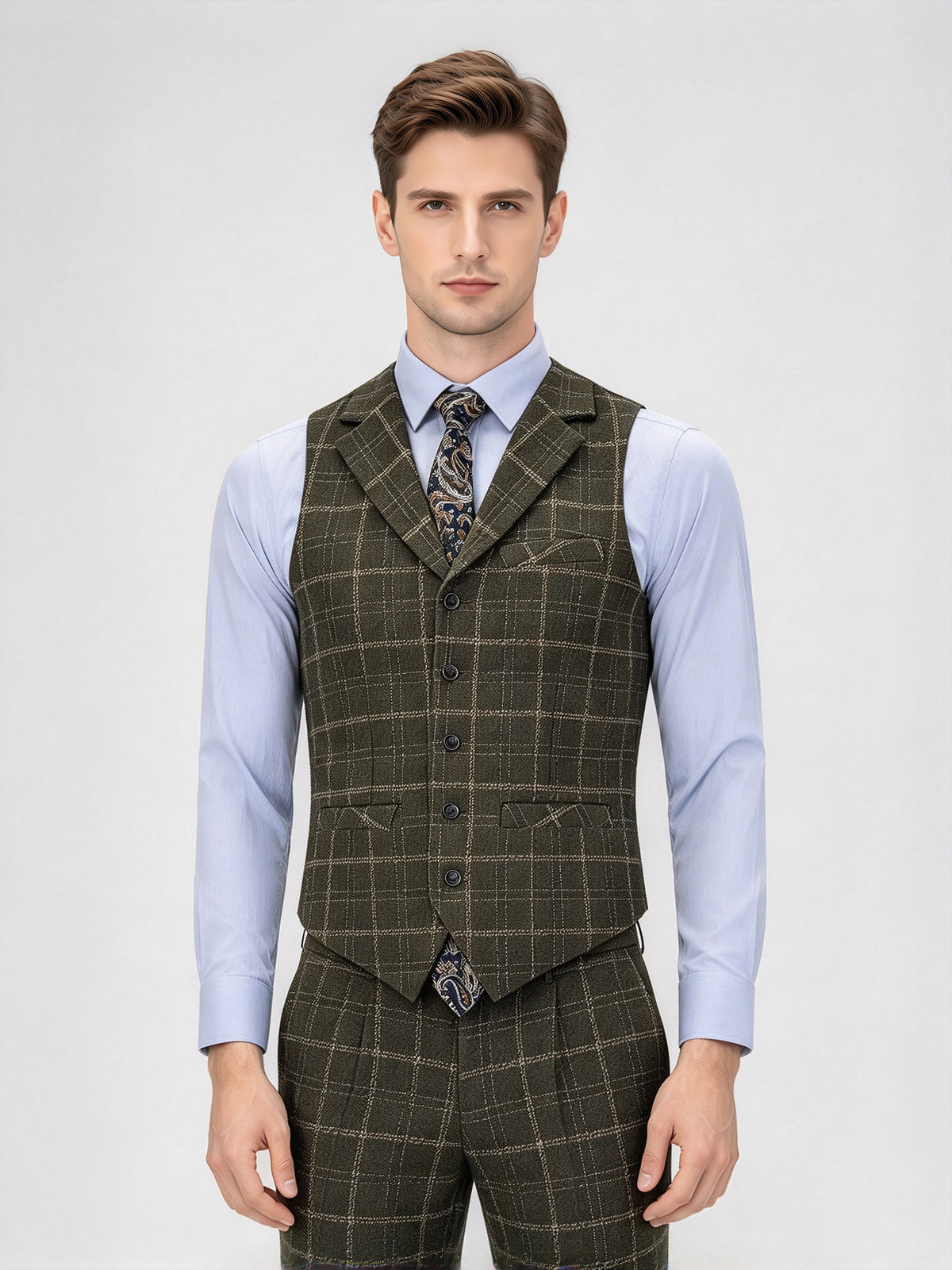 Cicinia Windowpane Plaid 3 Pieces Notch Lapel Single Breasted Olive Green Men's Suits