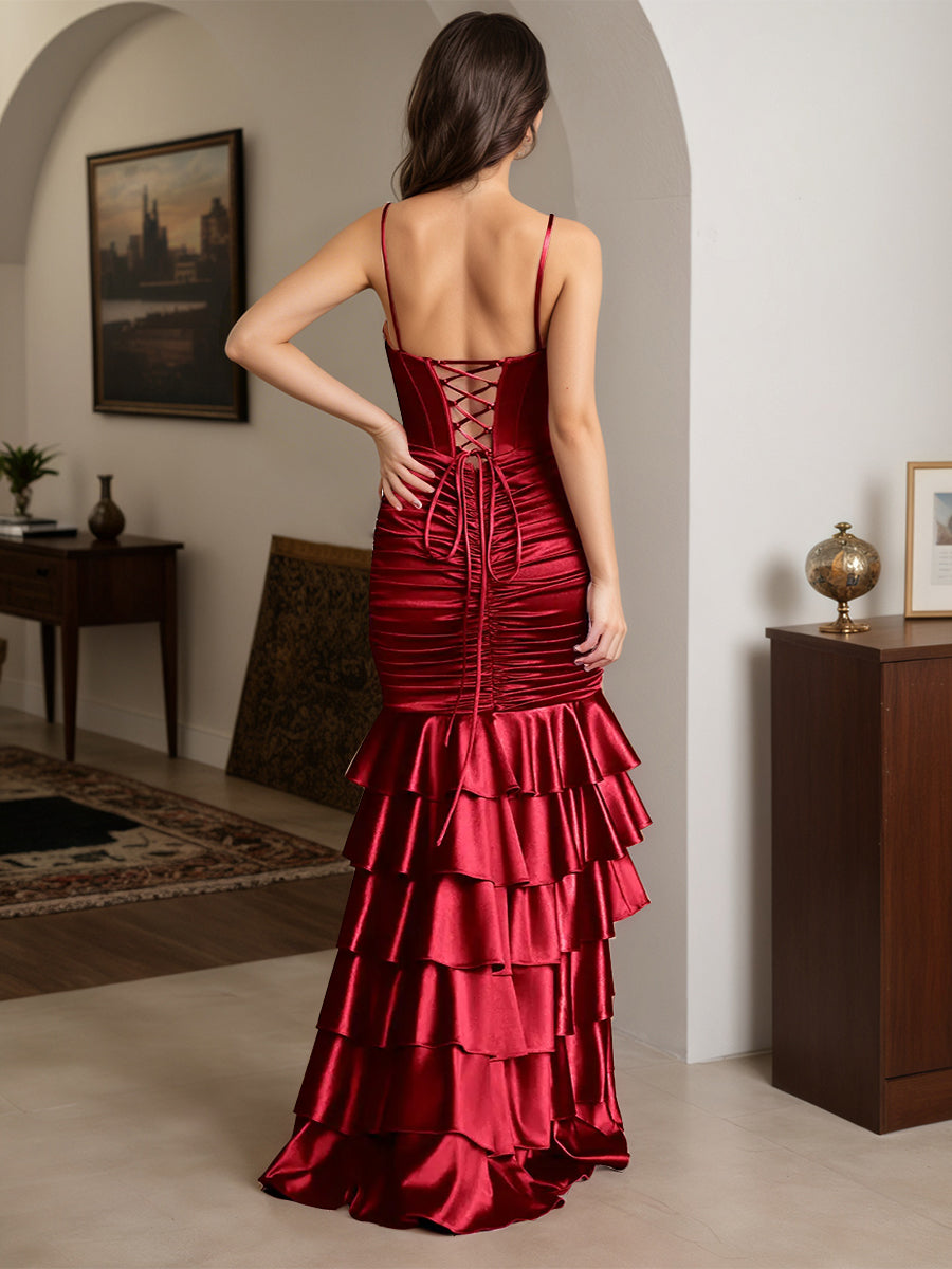 Cicinia Burgundy Prom Dresses Long Stretch Satin Ruffles Sheath Slit Spaghetti Straps Gowns