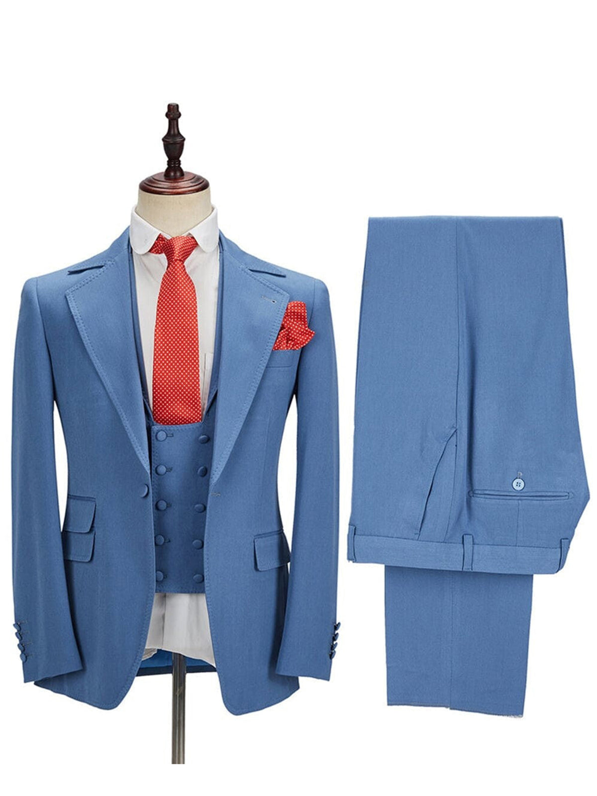 Cicinia Peak Lapel 3 Pieces Solid Suit Single Breasted Jacket Double Breasted Vest Trousers Blue Men's Suits