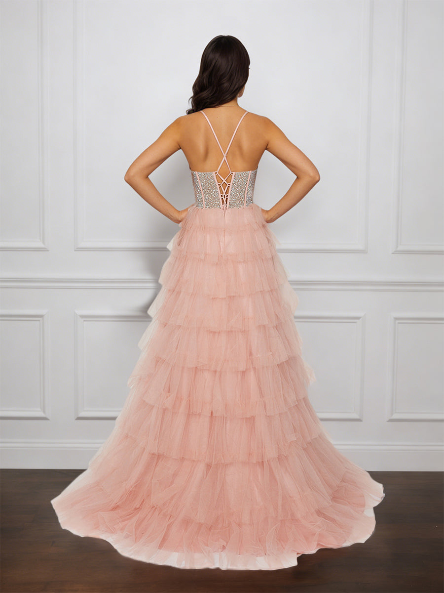 Cicinia Pearl Pink Prom Dresses Long Tulle A-line Spaghetti Straps Layered Slit Gowns
