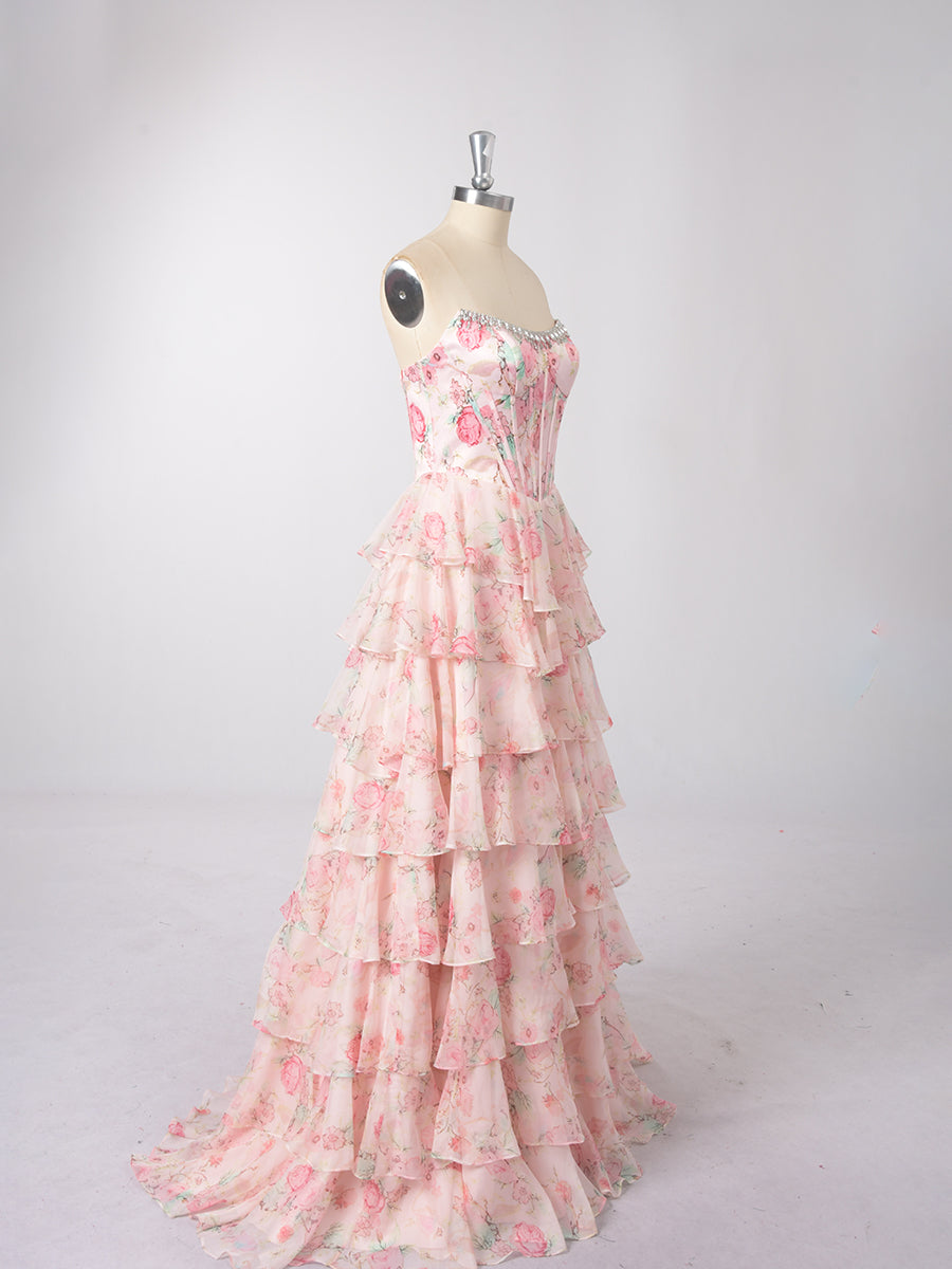 Cicinia Blushing Pink Prom Dresses Long Printed Fabric A-line Sleeveless Slit Layered Gowns