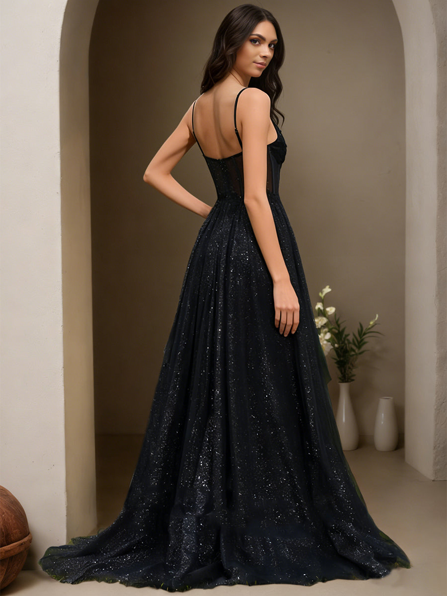 Cicinia Black Prom Dresses Long Glitter Tulle A-line Spaghetti Straps Sweep Train Slit