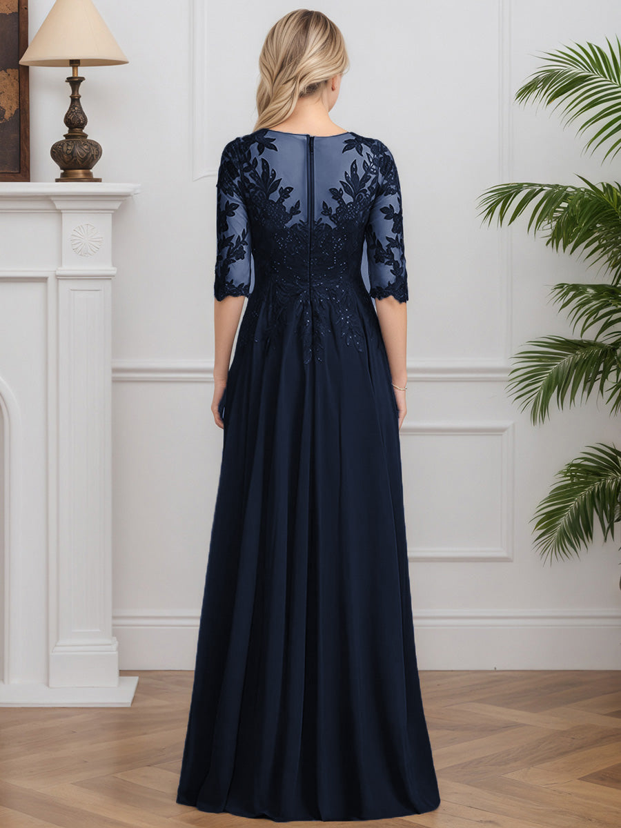 Cicinia Dark Navy Mother Of The Bride Dress Long Chiffon Lace A-line V-neck Half Sleeves