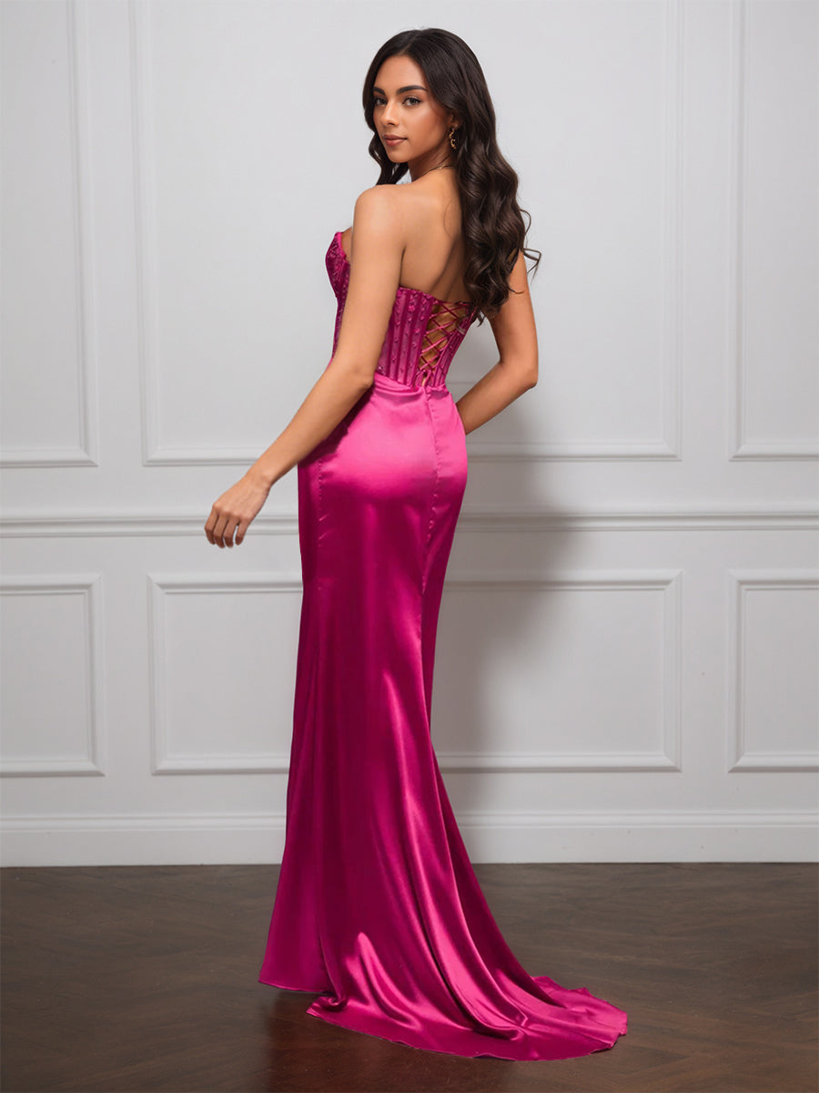 Cicinia Fuchsia Prom Dresses Online Long Stretch Satin Sheath Strapless Sweep Train