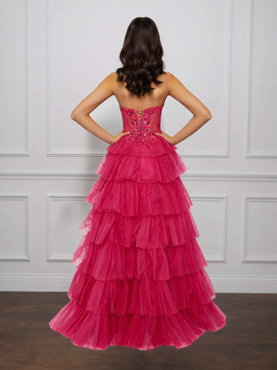 Cicinia Fuchsia Prom Dresses Long Tulle A-line Sleeveless Slit Layered Princess Dress
