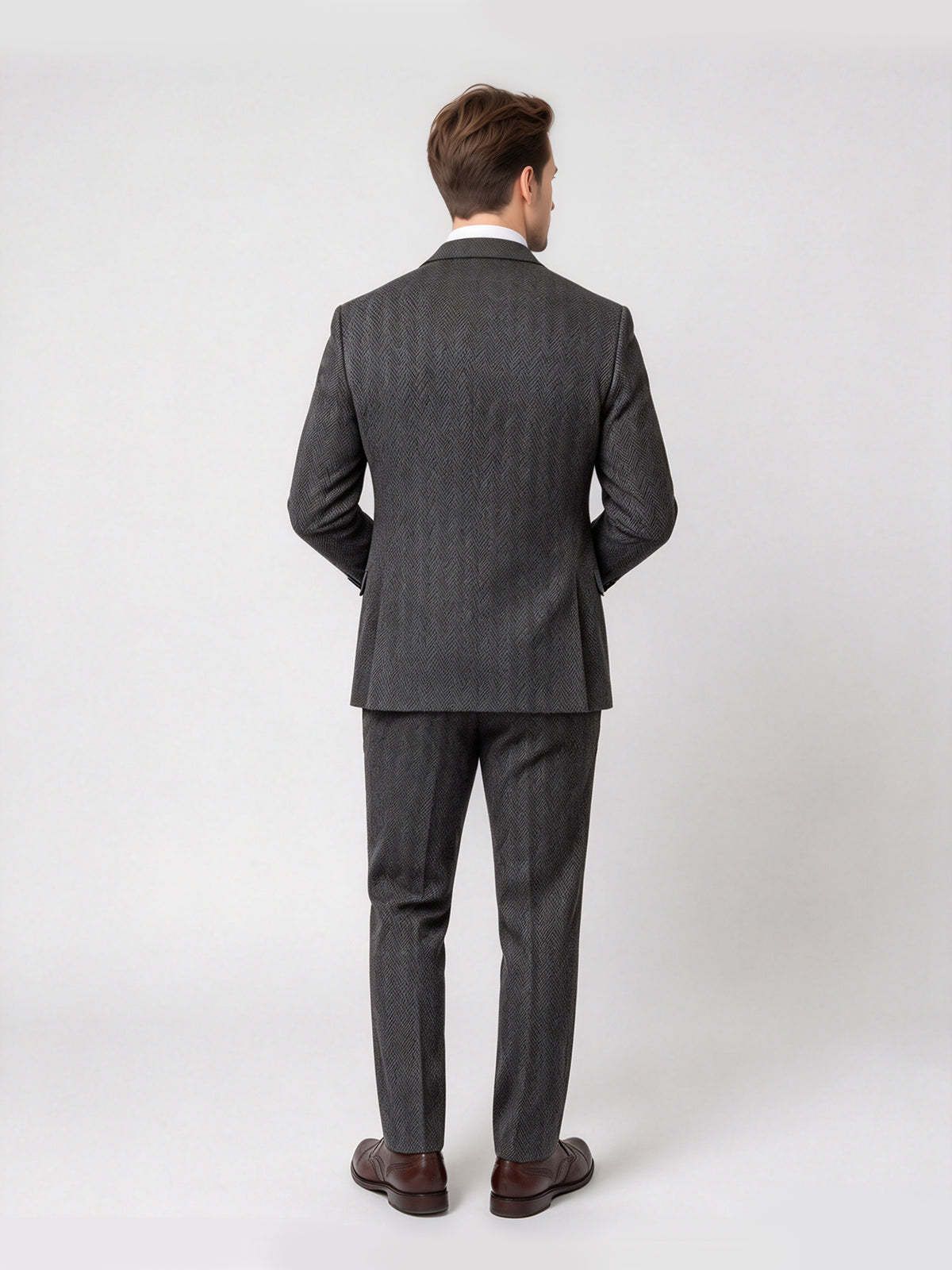 Cicinia Single Breasted Tailored Fit Herringbone 3 Pieces Notch Lapel Grey Men's Suits