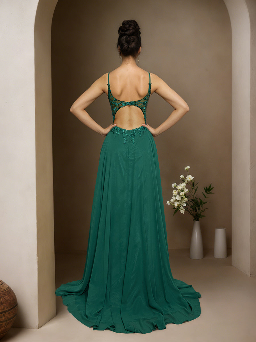 Cicinia Dark Green Prom Dresses Long Chiffon A-line Appliques Lace Sweep Train Party Dress