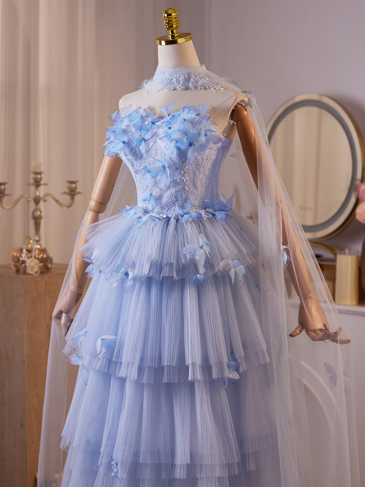 Cicinia Tiered Tulle 3D Butterfly Appliques Beaded Sweetheart Blue Wedding Dresses Long Floor Length