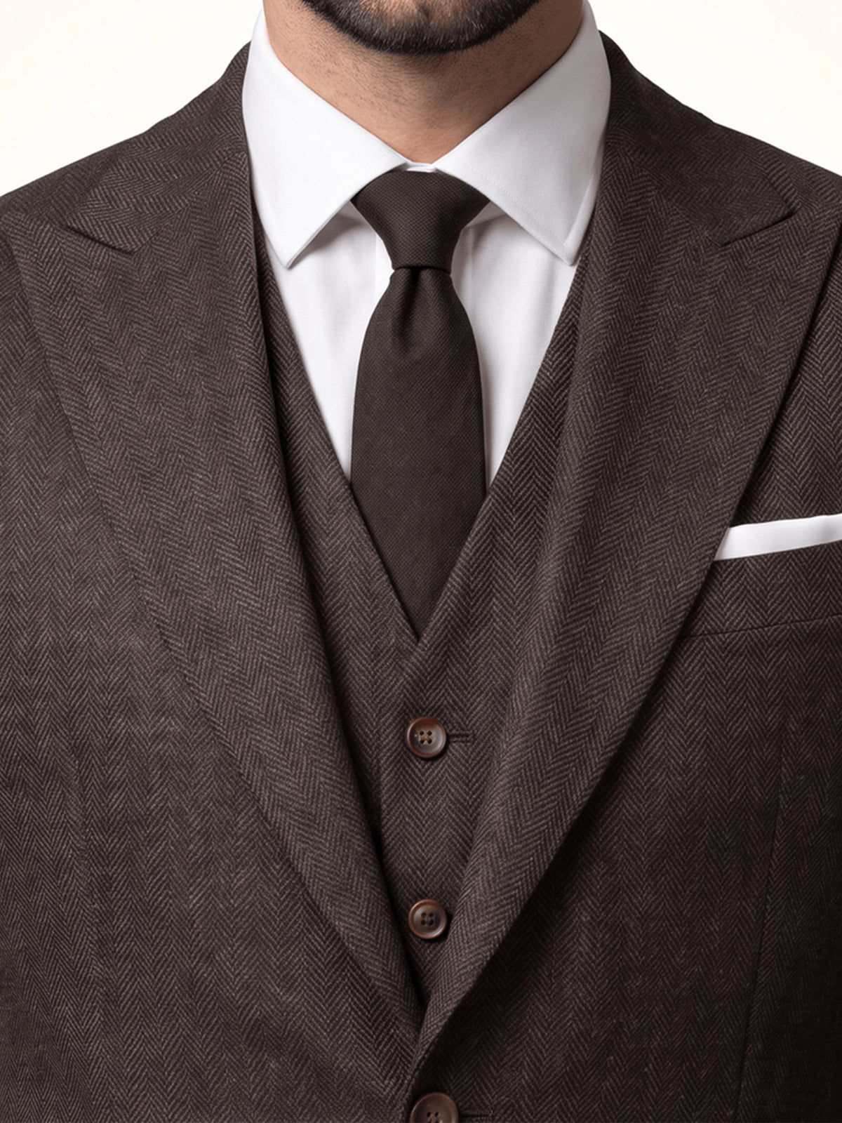 Cicinia Coffee Men's Suits 3 Pieces Herringbone Notch Lapel Slim Fit Suit Vest Jacket Trousers Wedding Formal Outfit