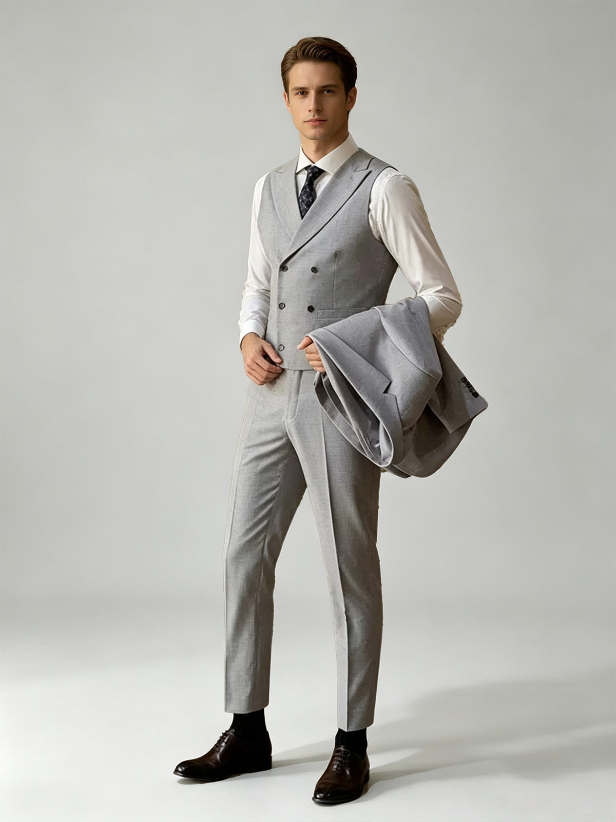 Cicinia 3 Piece Notch Lapel Silver Men's Suits Jacket Double Breasted Vest Straight Leg Trousers Suit