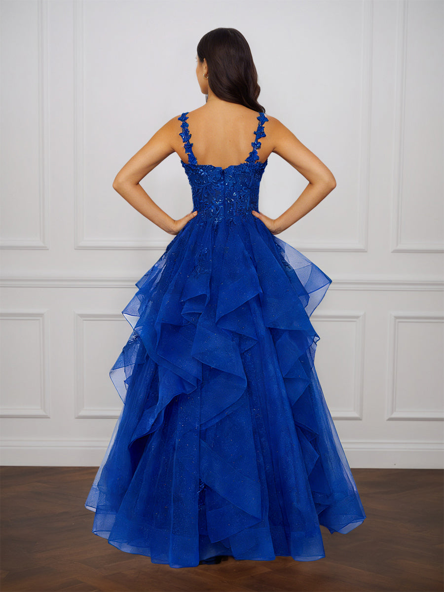 Cicinia Royal Blue Prom Dresses Long Tulle A-line Appliques Lace Floor Length Layers Party Gowns