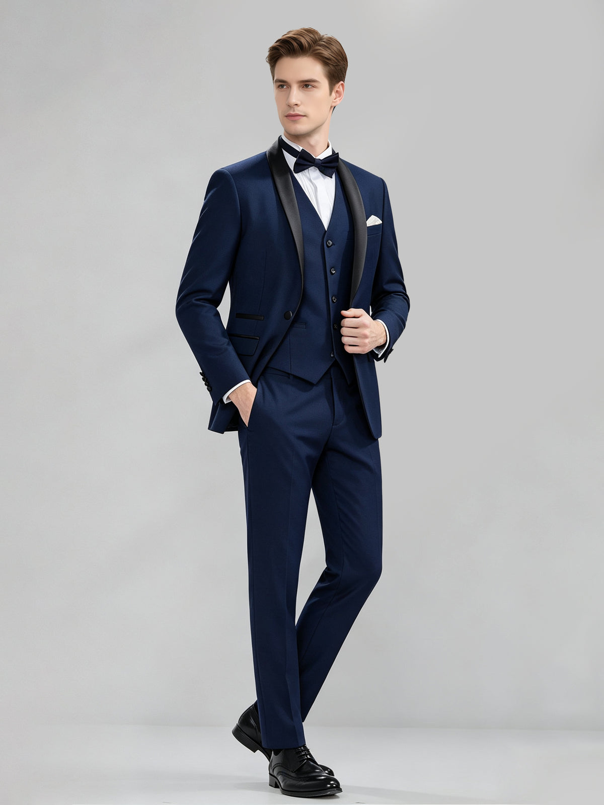 Cicinia 3 Pieces Solid Navy Blue Men's Suits Tuxedo Shawl Lapel Satin Trim Single Breasted Men Suit