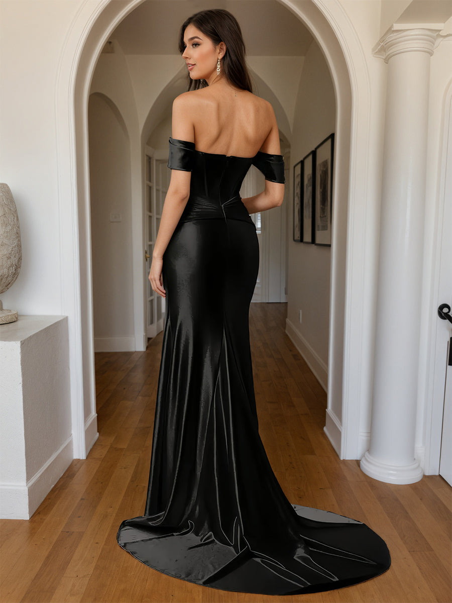 Cicinia Black Prom Dresses Long Sheath Soft Satin Slit Off The Shoulder Evening Gowns With Sweep Train