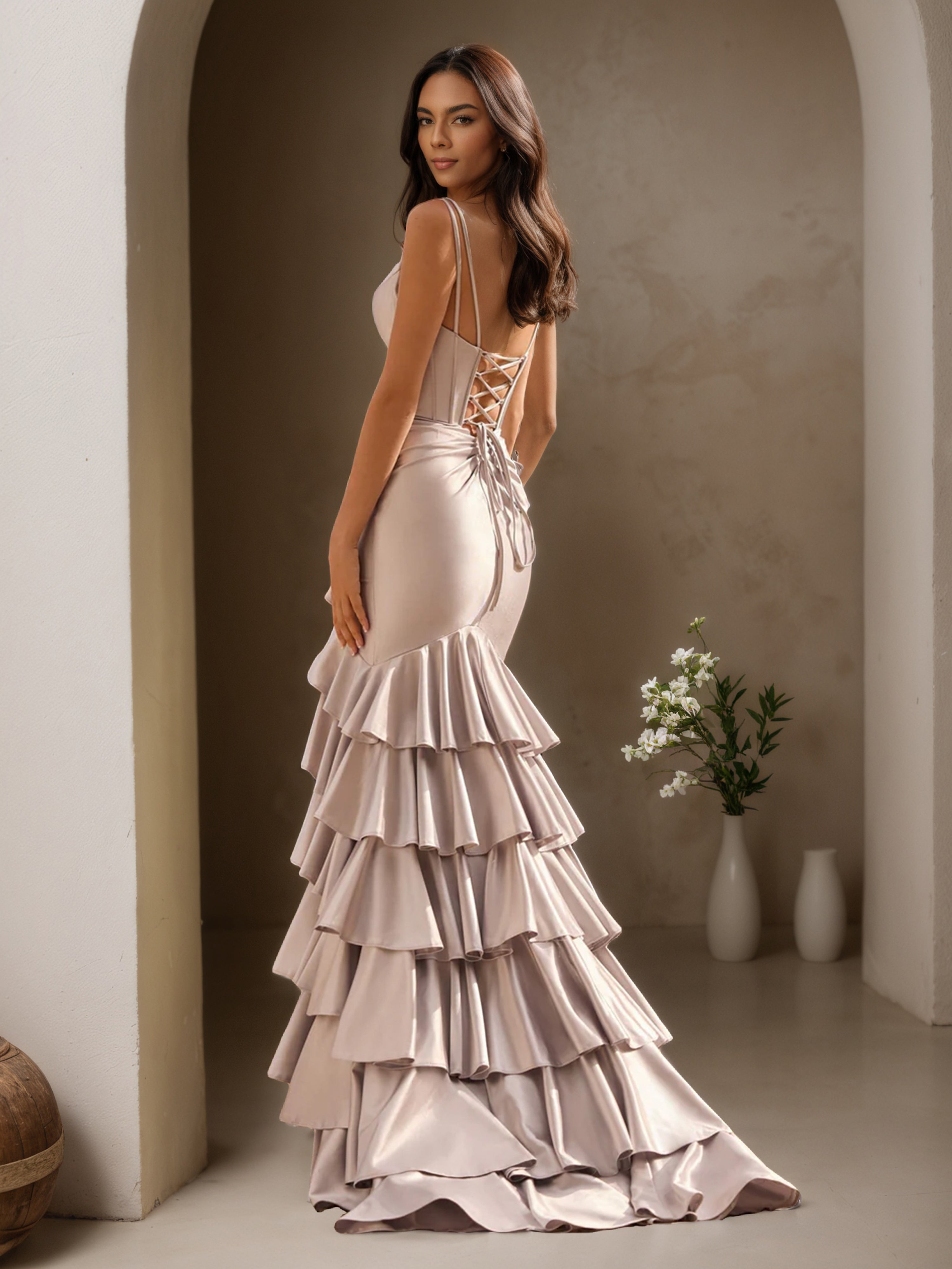 Pearl Pink Straps V-Neck A-Line Layers Sweep/Brush Train Prom Dress with Slit