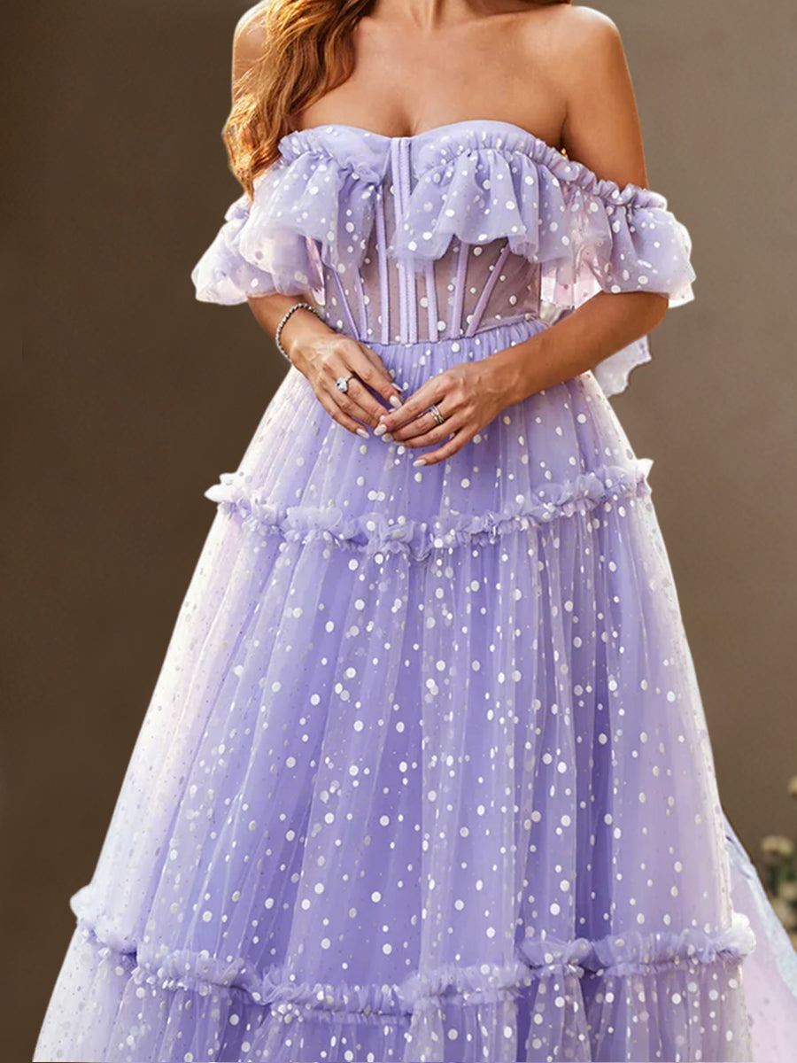 Cicinia Lilac Prom Dresses Long Polka Dot Tulle A-line Off The Shoulder Ruffle Floor Length