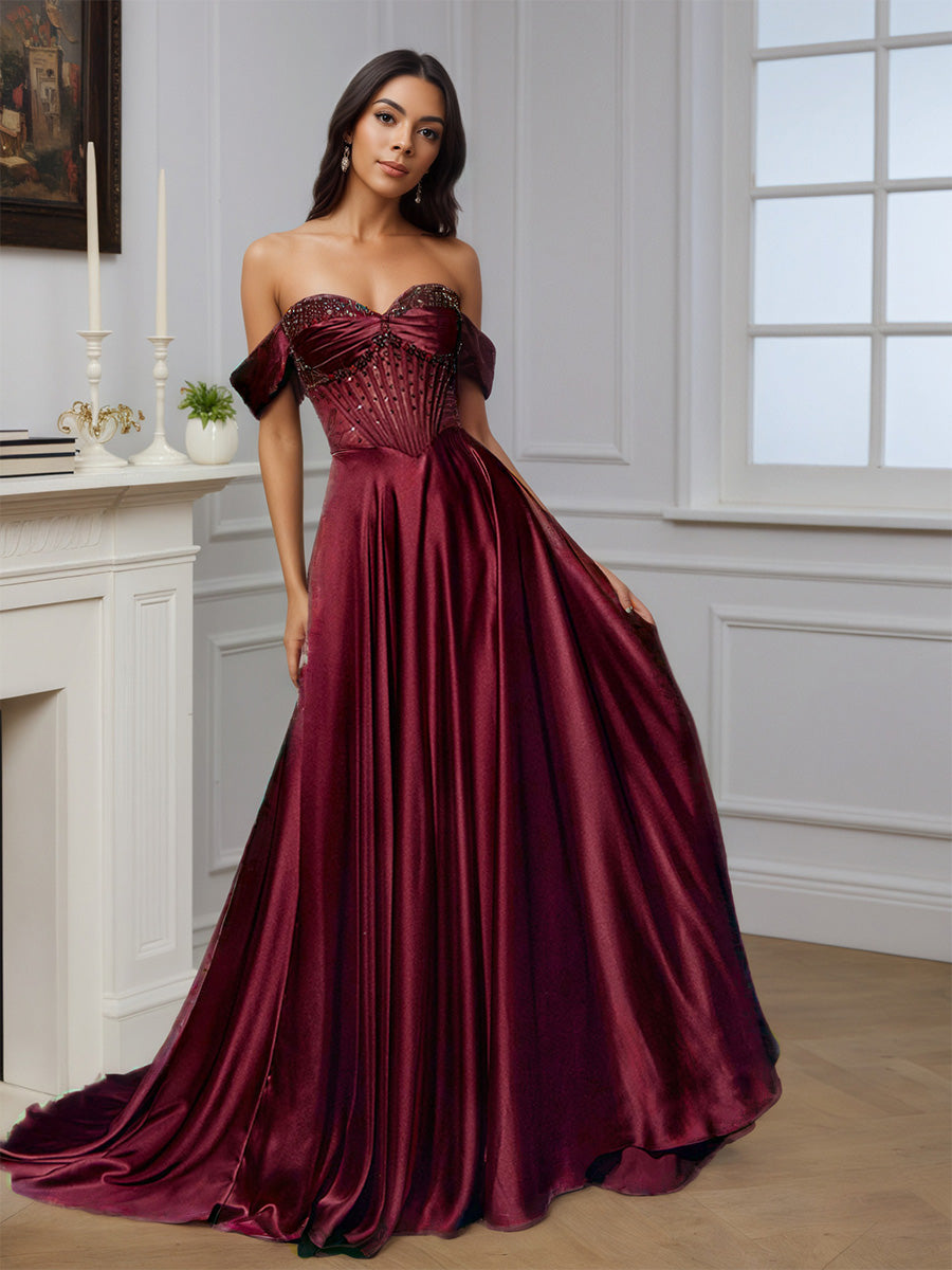 Pretty Off The Shoulder A-line Beaded Burgundy Long Prom Dress Pretty Off The Shoulder A-line Beaded Burgundy Long Prom Dress