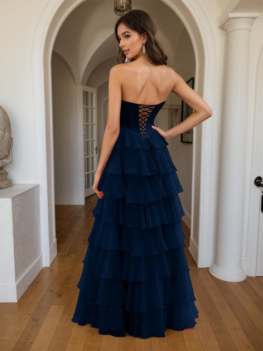 Cicinia Navy Blue Prom Dresses Long A-line Slit Sweetheart Layered Evening Gowns