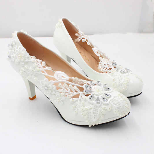 Round Toe Diamond High Heels Lace Women's Wedding Shoes