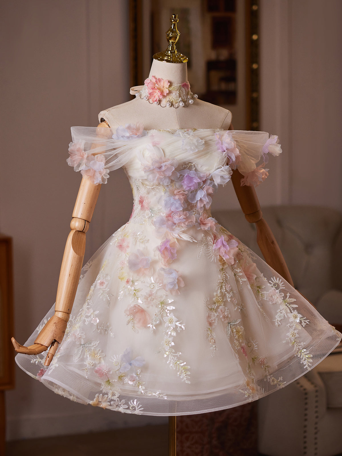 Cicinia 3D Colorful Floral Appliques Off The Shoulder Champagne Wedding Dresses Short A-line Bridal Dress