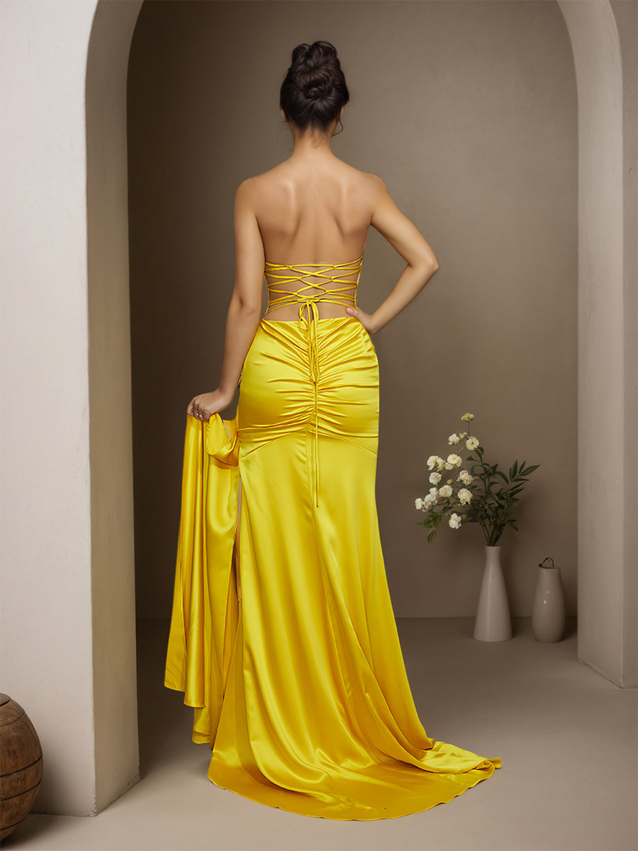 Cicinia Yellow Prom Dresses Long Soft Satin Sheath Sweep Train Strapless Charming