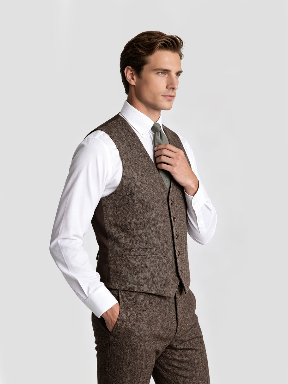 Cicinia 3 Pieces Tweed Suit Notch Lapel Single Breasted Herringbone Brown Men's Suits
