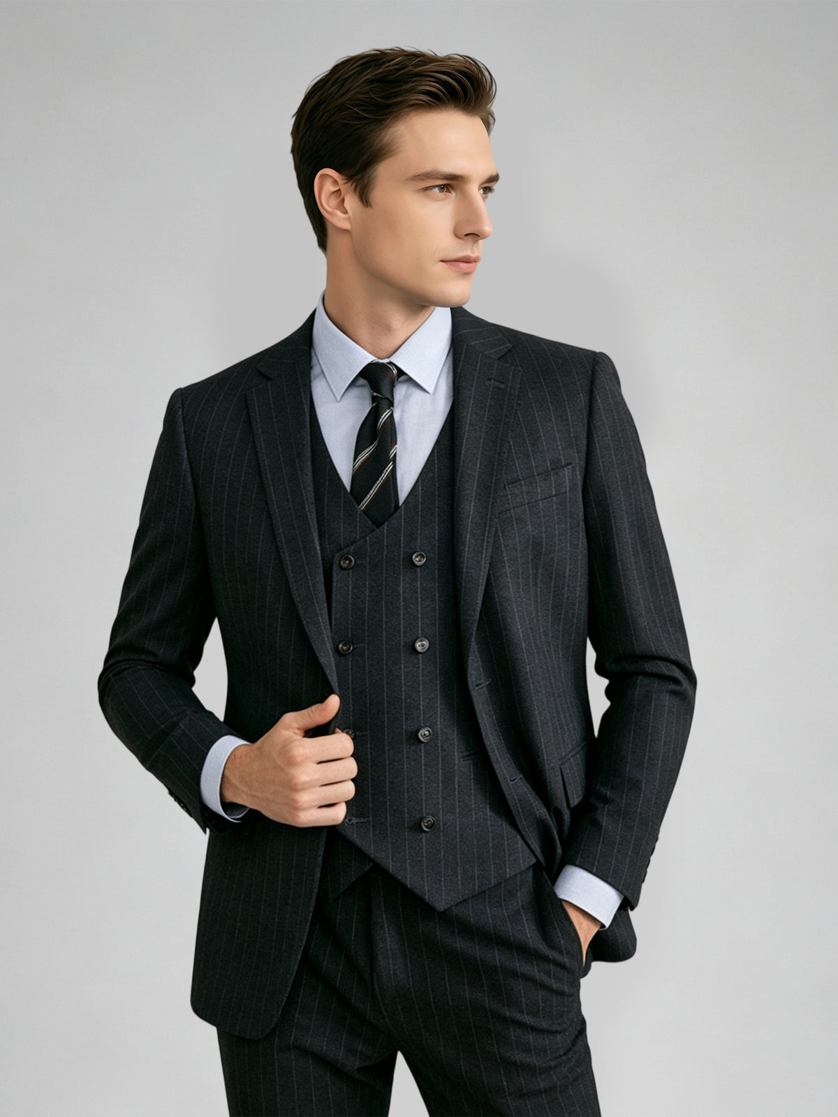 Cicinia Black Men's Suits Pinstripe Notch Lapel Slim Formal 3 Pieces Men Suit